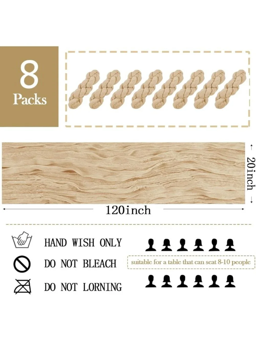8 Pack Beige Gauze Table Runners 20x120